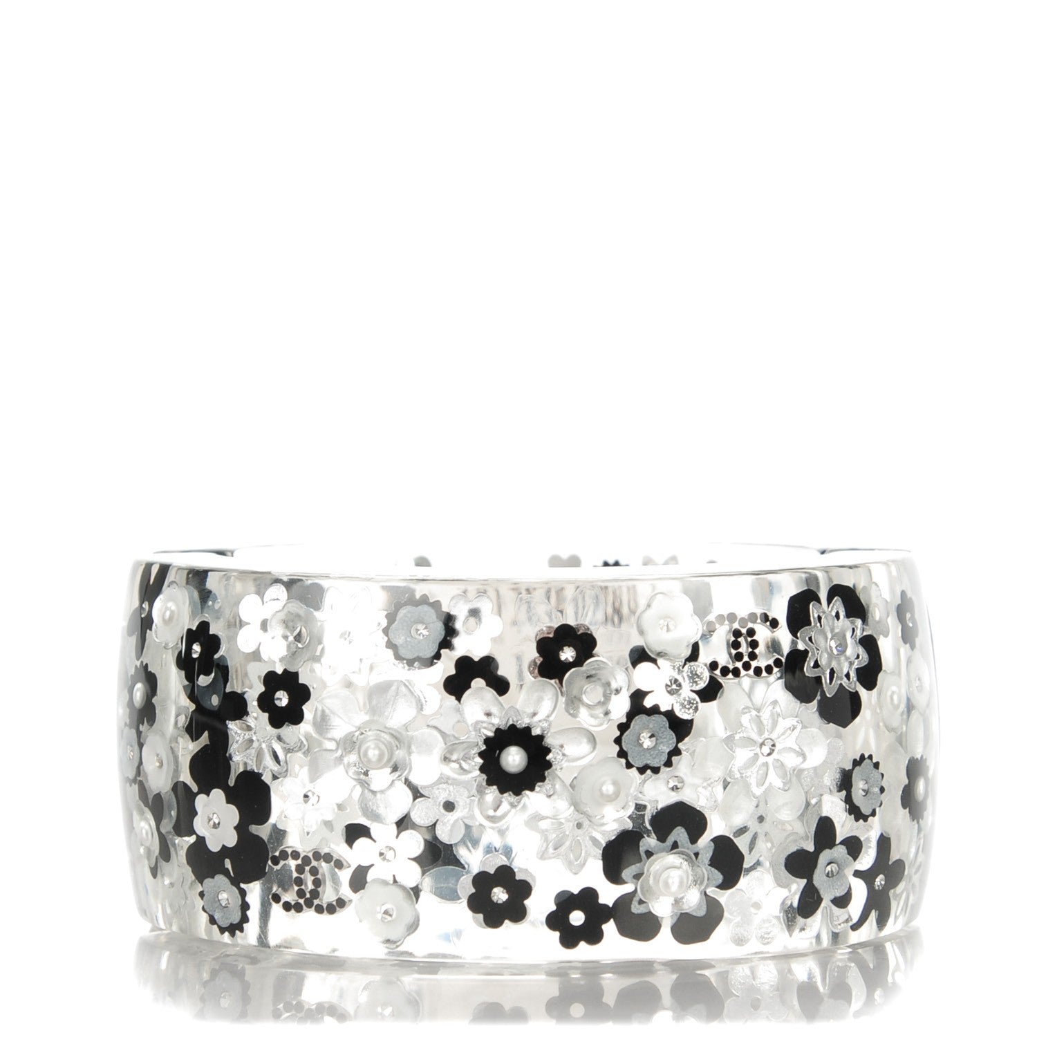 Chanel Resin CC Camellia Cuff Transparent Black White Silver 1 of 4