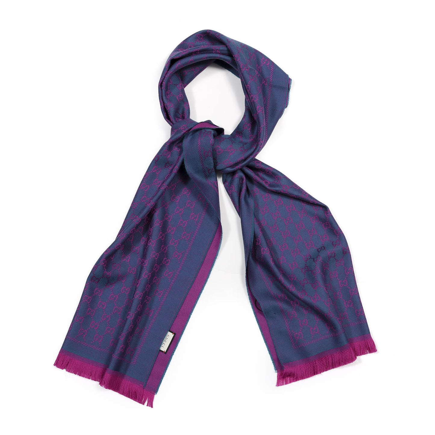 Wool GG Monogram Reversible New Sten Fringe Scarf Petroleum Blue Pink