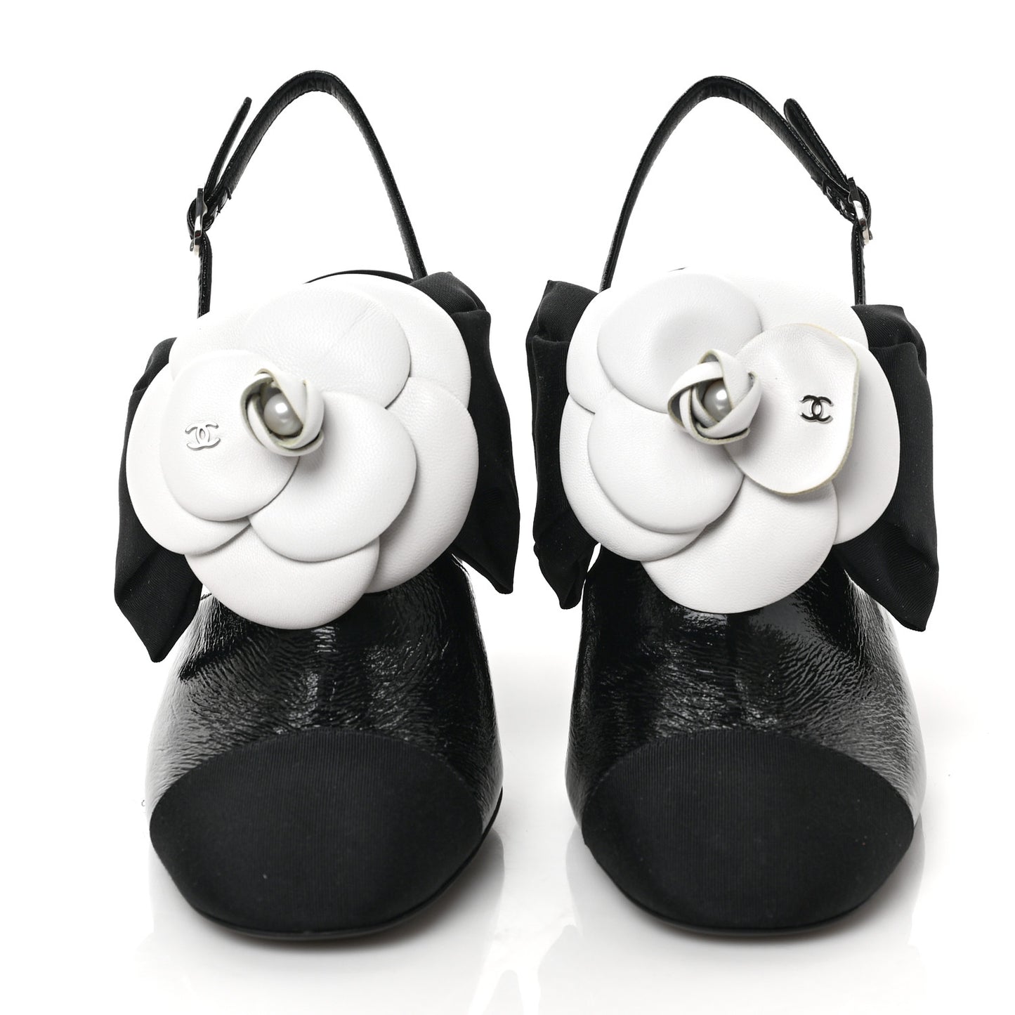 Crumpled Shiny Fabric Grosgrain Cap Toe Camellia Bow Slingback Pumps 39 Black