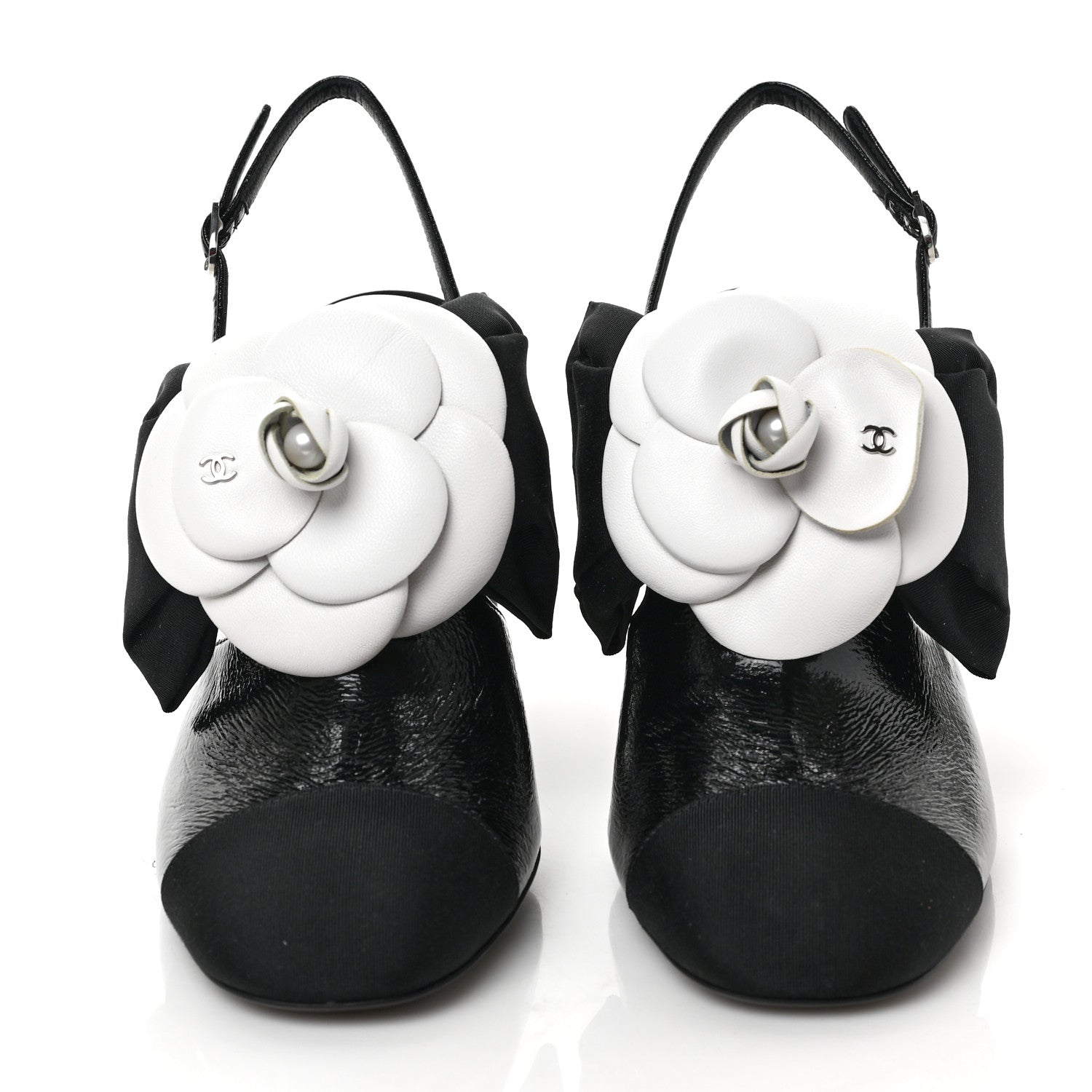 Chanel Crumpled Shiny Fabric Grosgrain Cap Toe Camellia Bow Slingback Pumps 39 Black 2 of 8