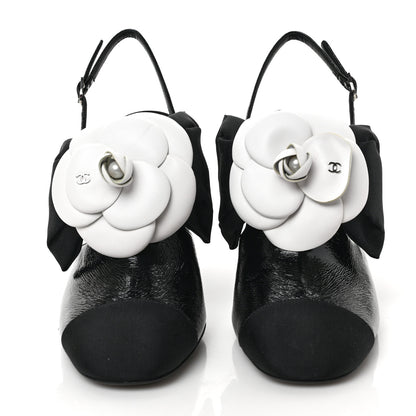 Chanel Crumpled Shiny Fabric Grosgrain Cap Toe Camellia Bow Slingback Pumps 39 Black 2 of 8