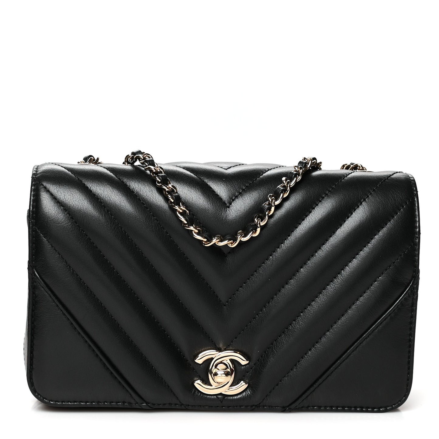 Calfskin Chevron Quilted Mini Statement Flap Black