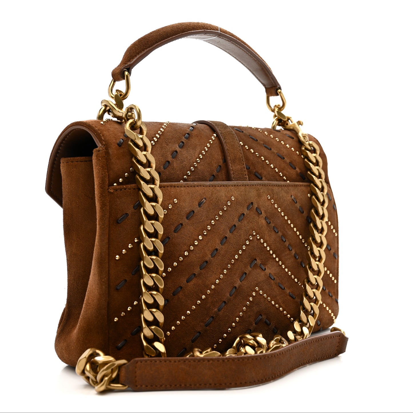Suede Matelasse Chevron Studded Monogram Medium College Bag Brown