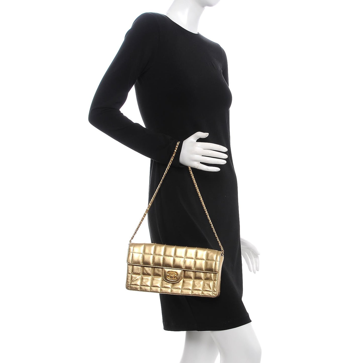 Metallic Lambskin Quilted East West Chocolate Bar Flap Gold