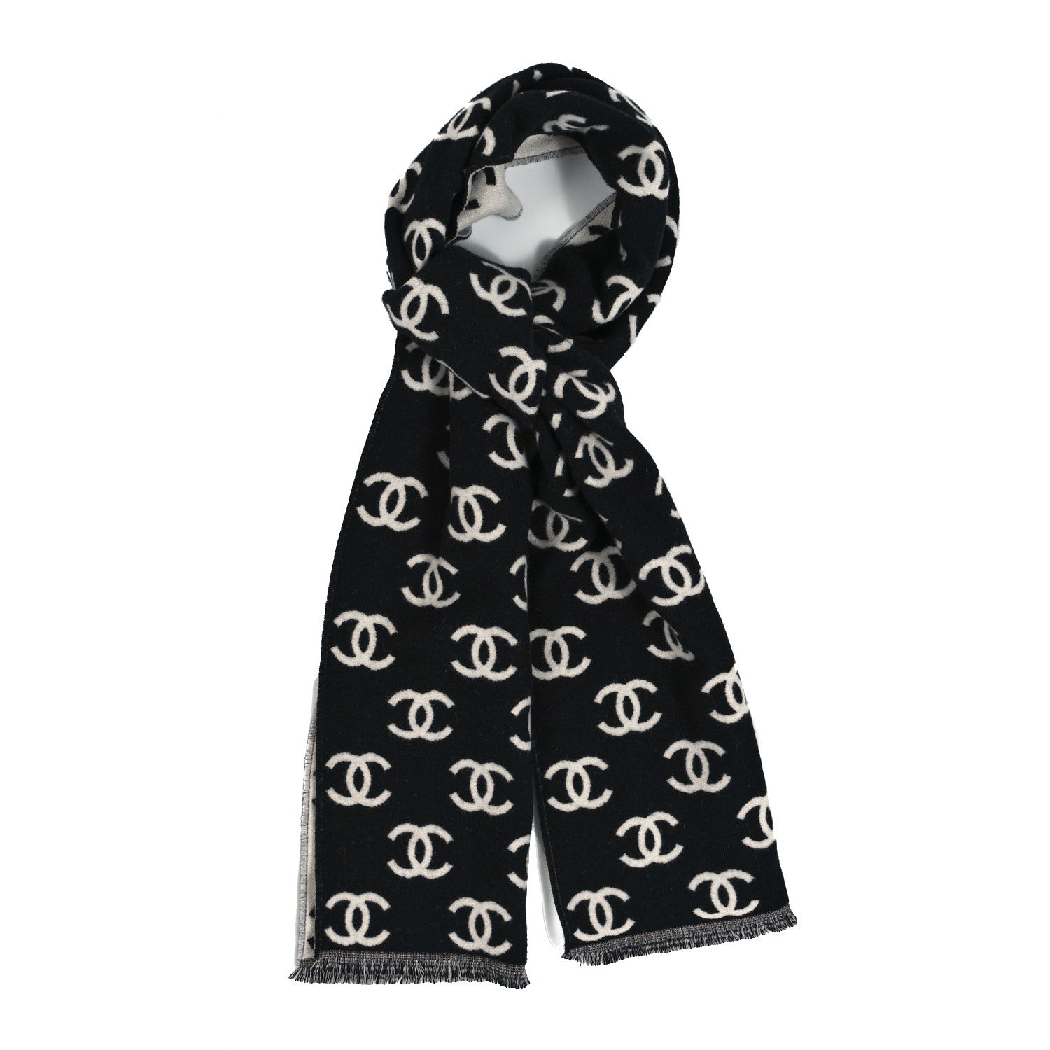 Chanel Wool Cashmere CC Scarf Black White 1 of 4