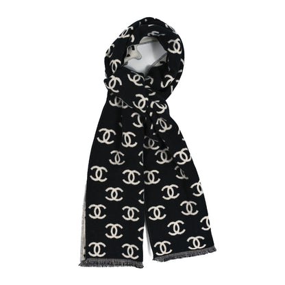 Chanel Wool Cashmere CC Scarf Black White 1 of 4