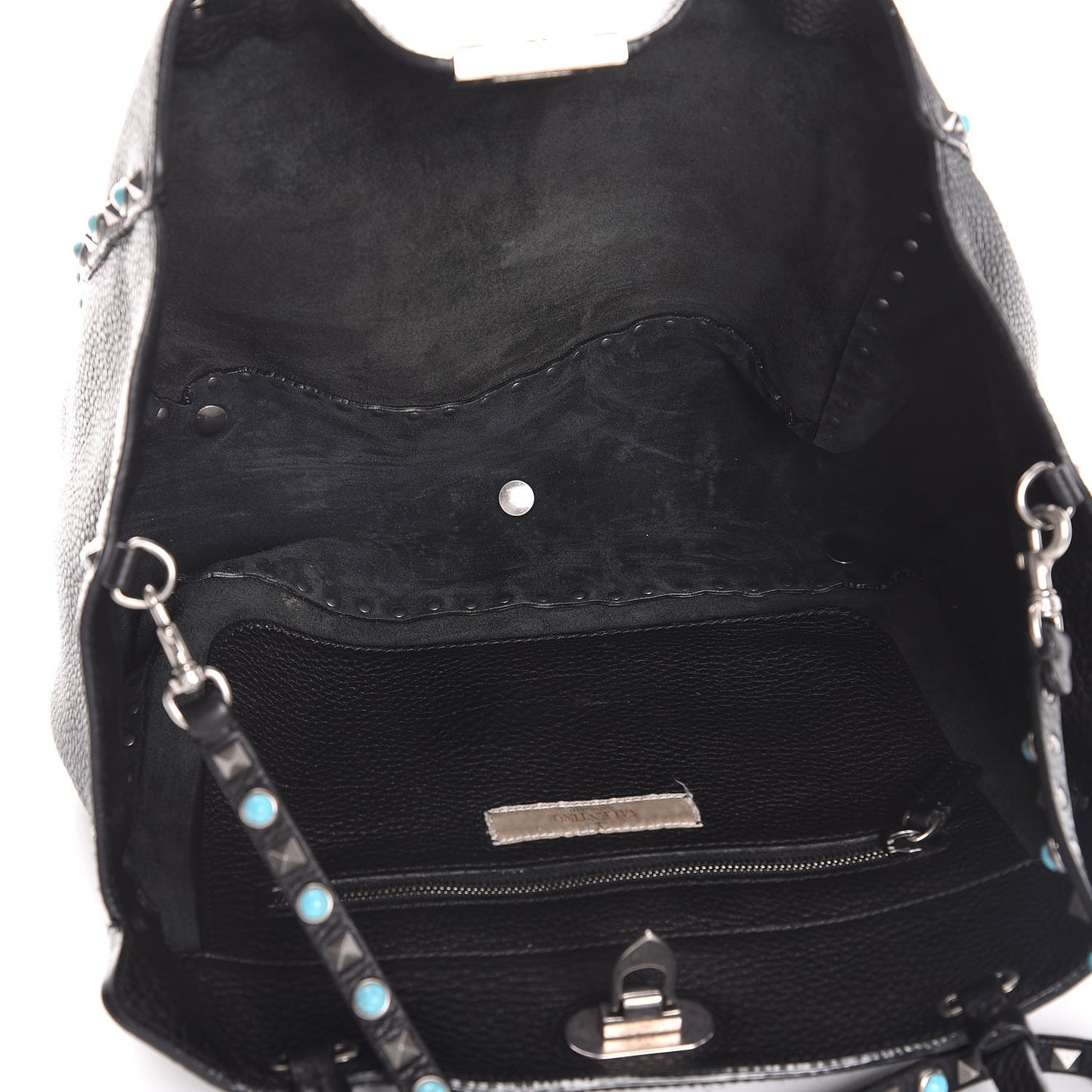 Grained Calfskin Turquoise Medium Rockstud Rolling Tote Black