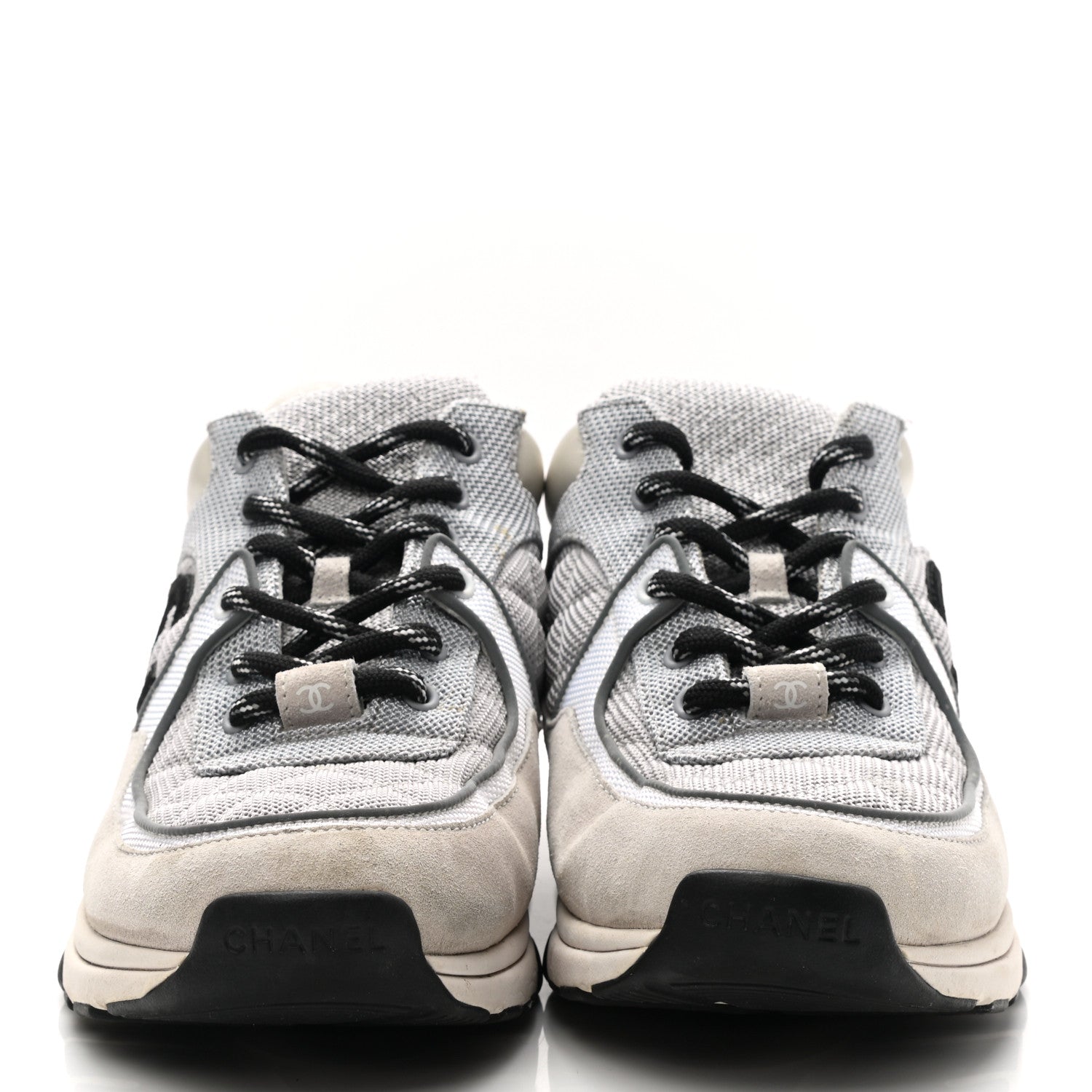Chanel Nylon Calfskin Suede Womens CC Sneakers 39.5 Grey Beige 2 of 14