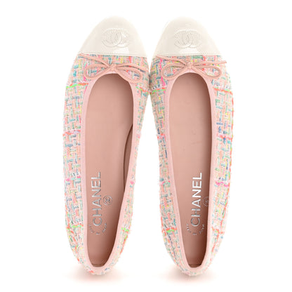 Chanel Cotton Tweed Patent Calfskin Cap Toe Ballerina Flats 40 Light Pink Multicolor White 2 of 10