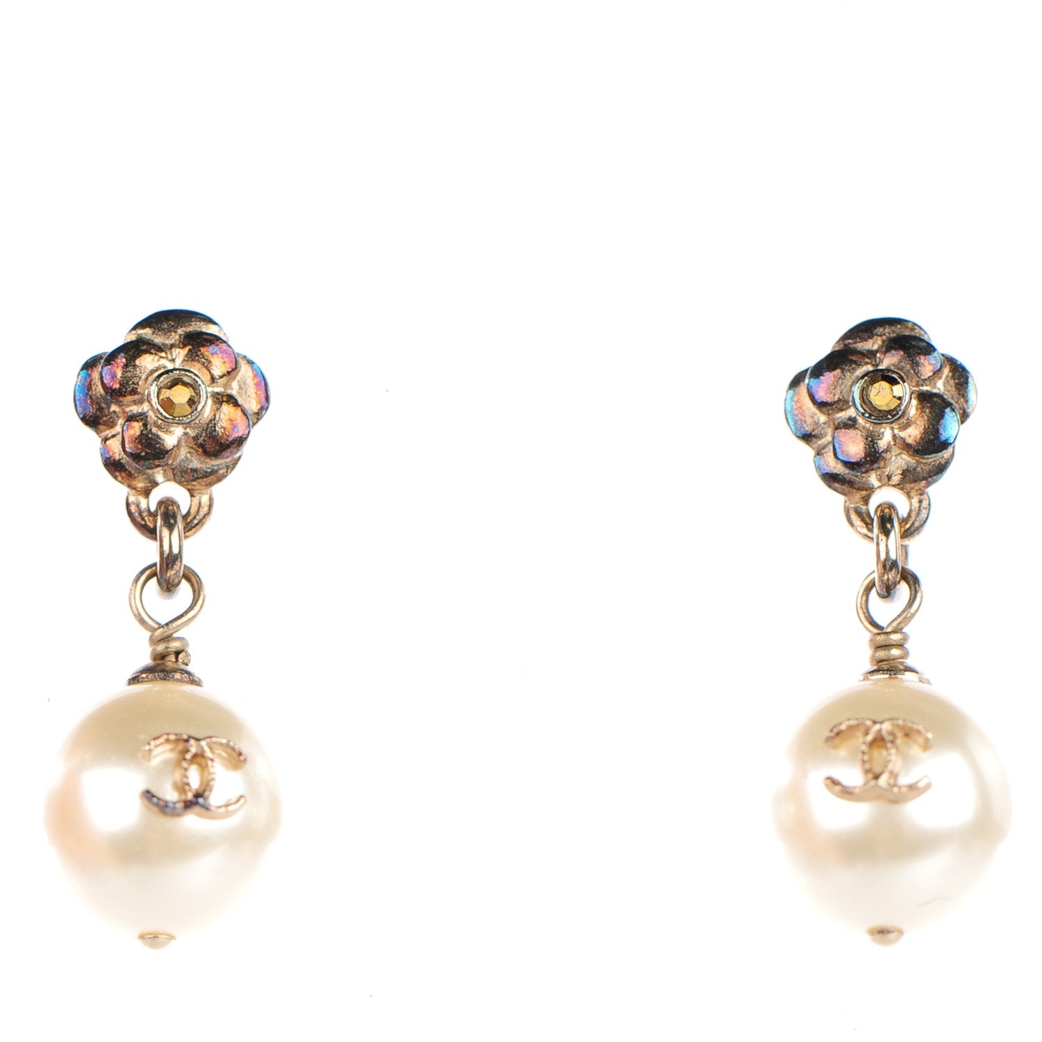 Chanel Pearl CC Camellia Dangle Earrings Gold 1 of 5