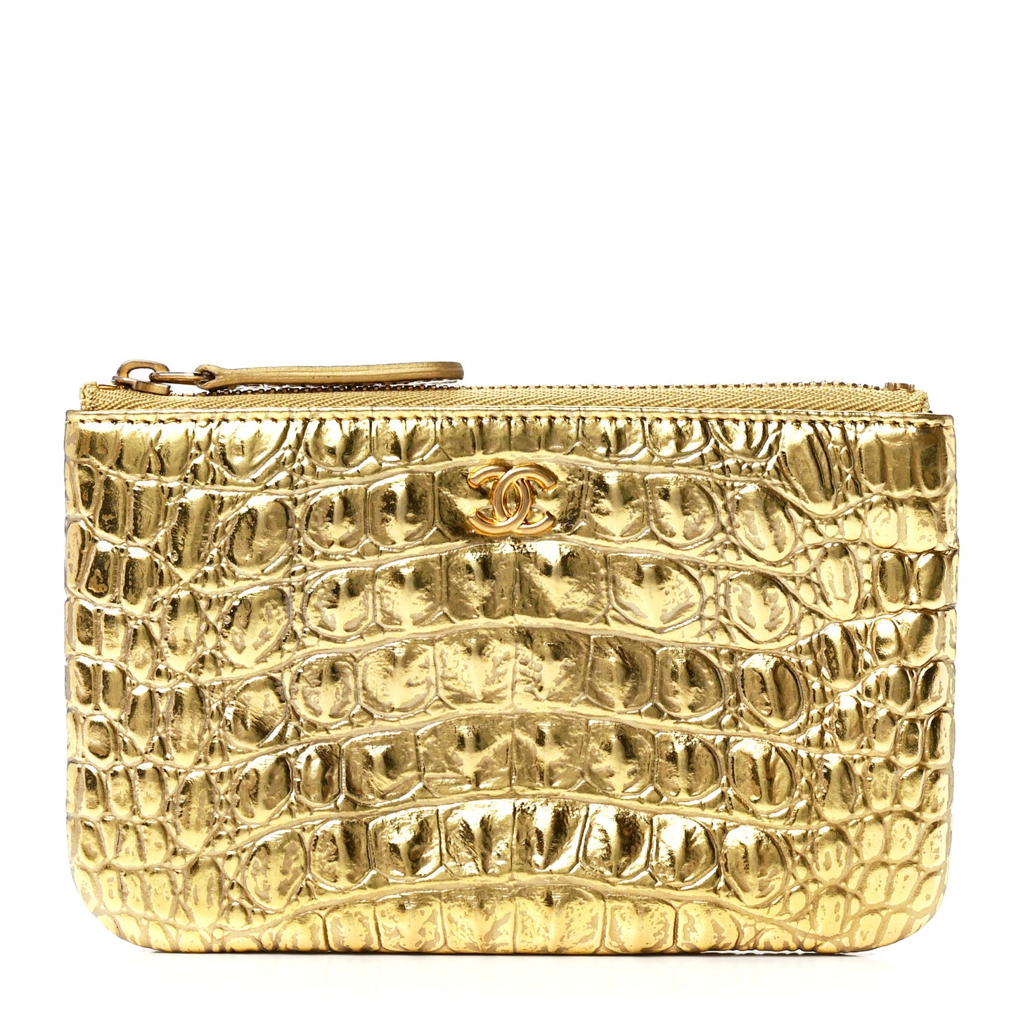 Metallic Calfskin Crocodile Embossed Cocodile Small Cosmetic Case Gold