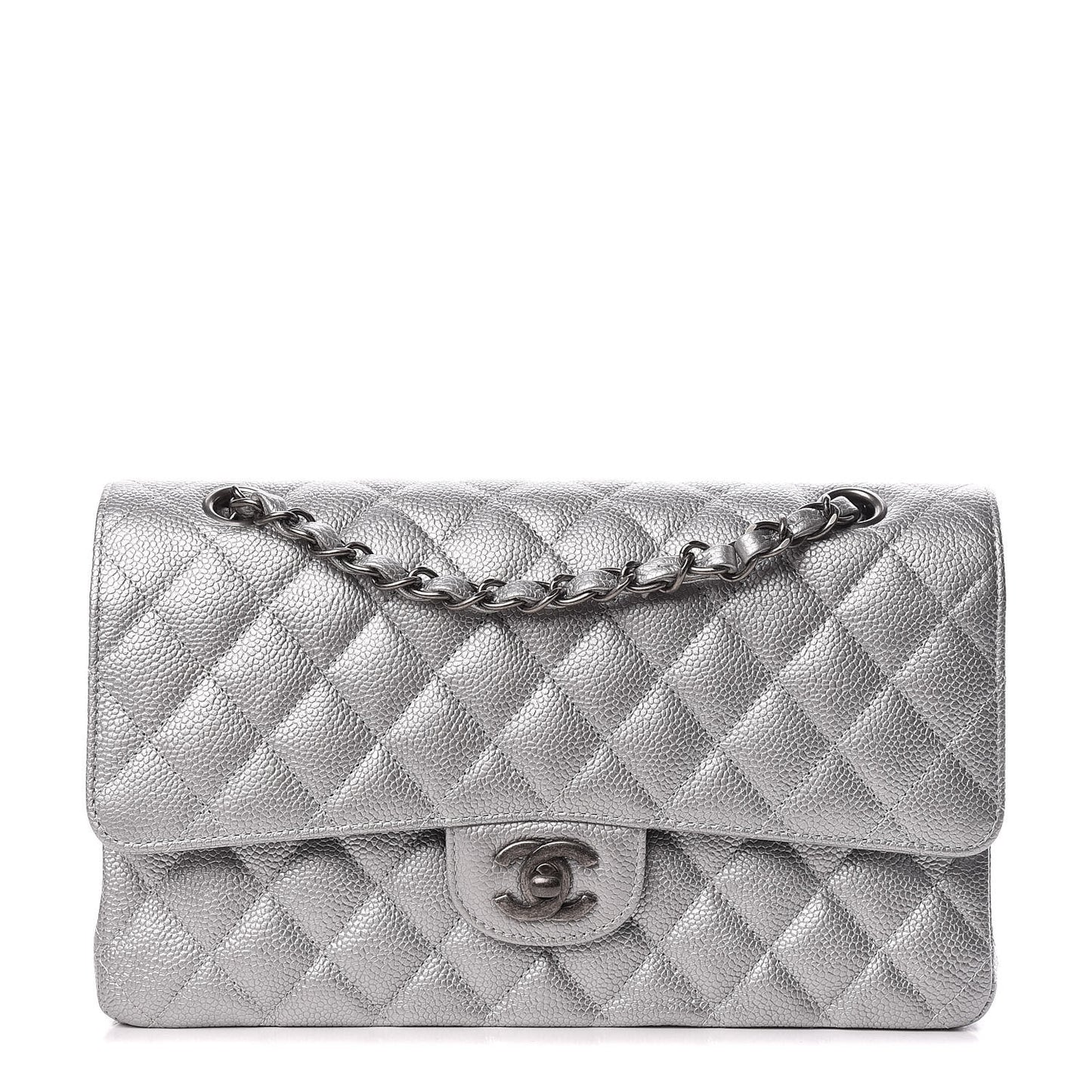 Metallic Caviar Quilted Medium Double Flap Silver