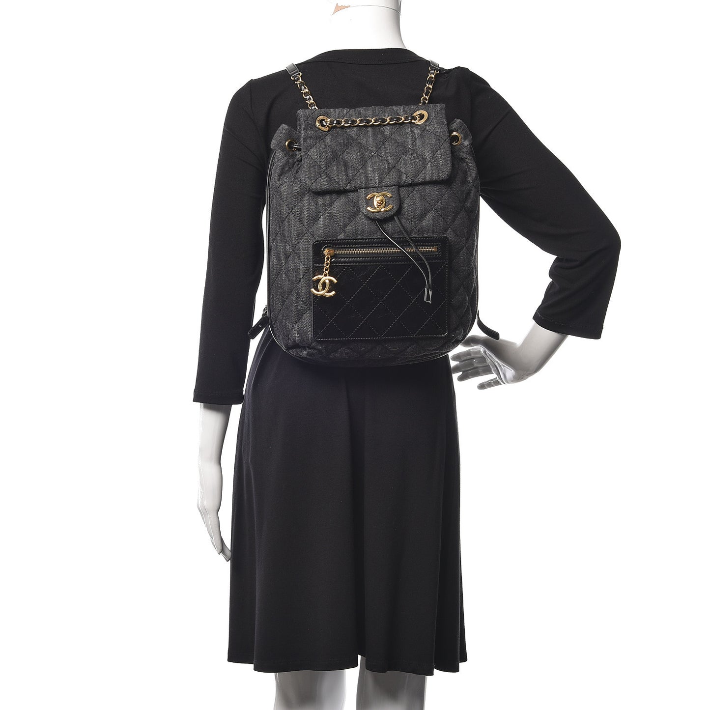 Denim Calfskin Quilted Backpack Dark Grey Black