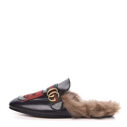 Gucci Goatskin Fur Web GG Skull Embroidered Mens Princetown Slippers 8 Black 1 of 7