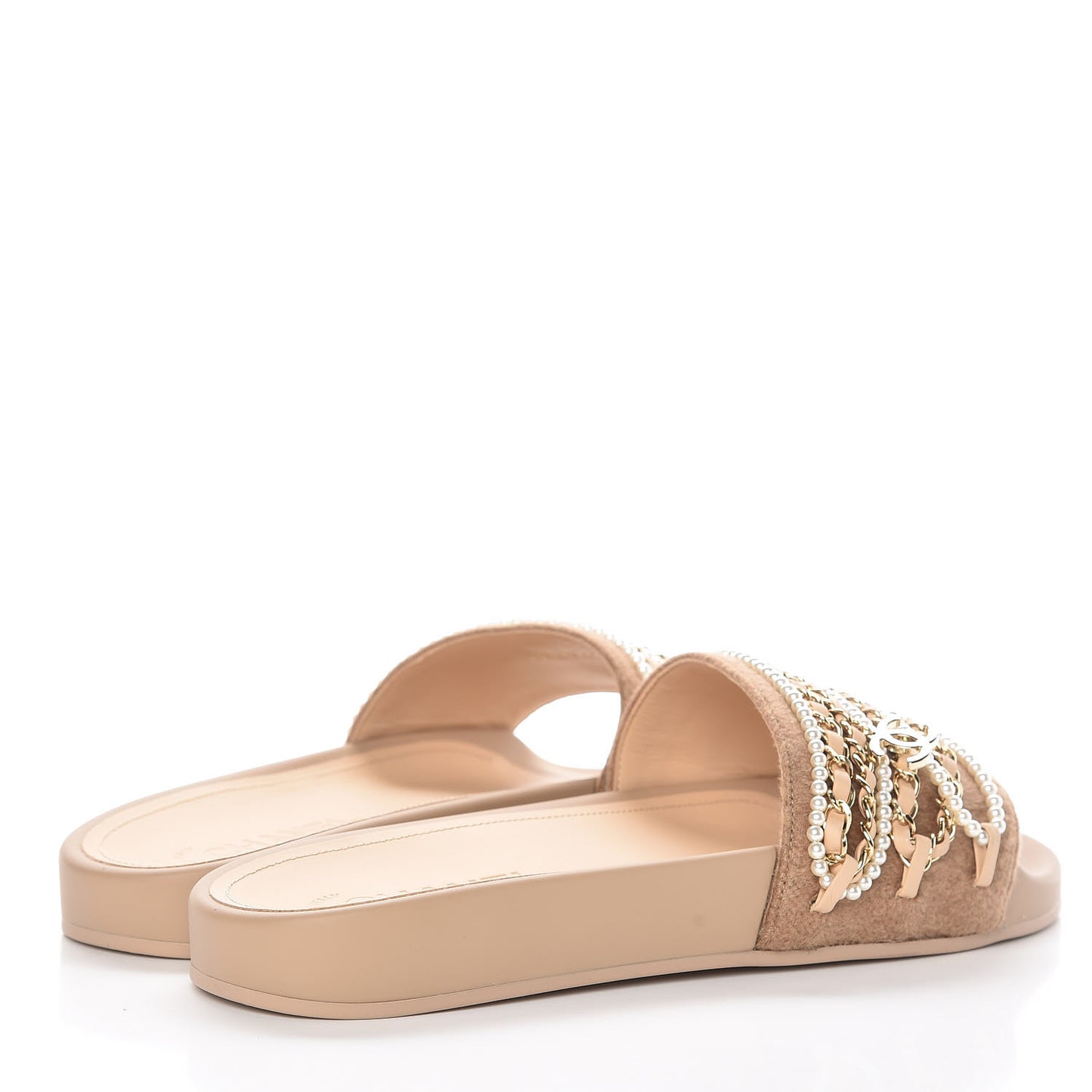 Felt Pearl Lambskin Chain Flat Sandals 39 Beige