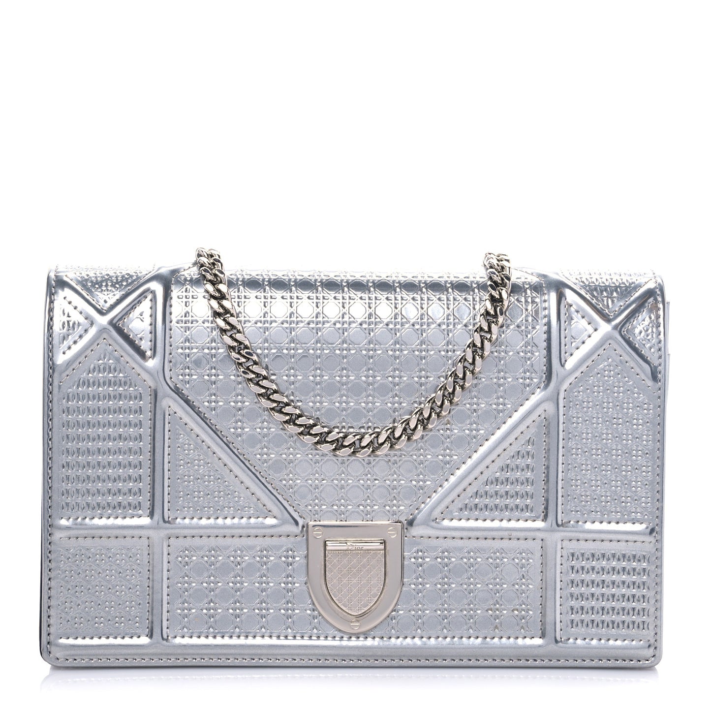 Metallic Patent Micro-Cannage Diorama Wallet on Chain Pouch Silver