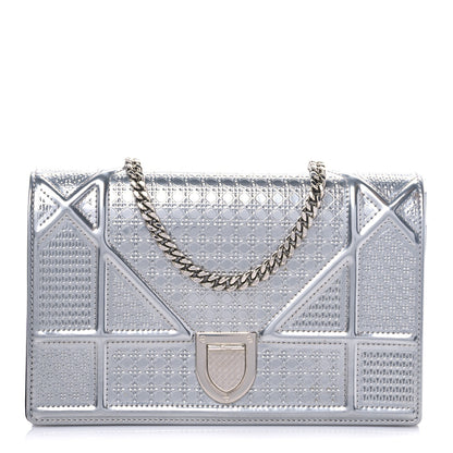 Christian Dior Metallic Patent Micro-Cannage Diorama Wallet on Chain Pouch Silver 1 of 6
