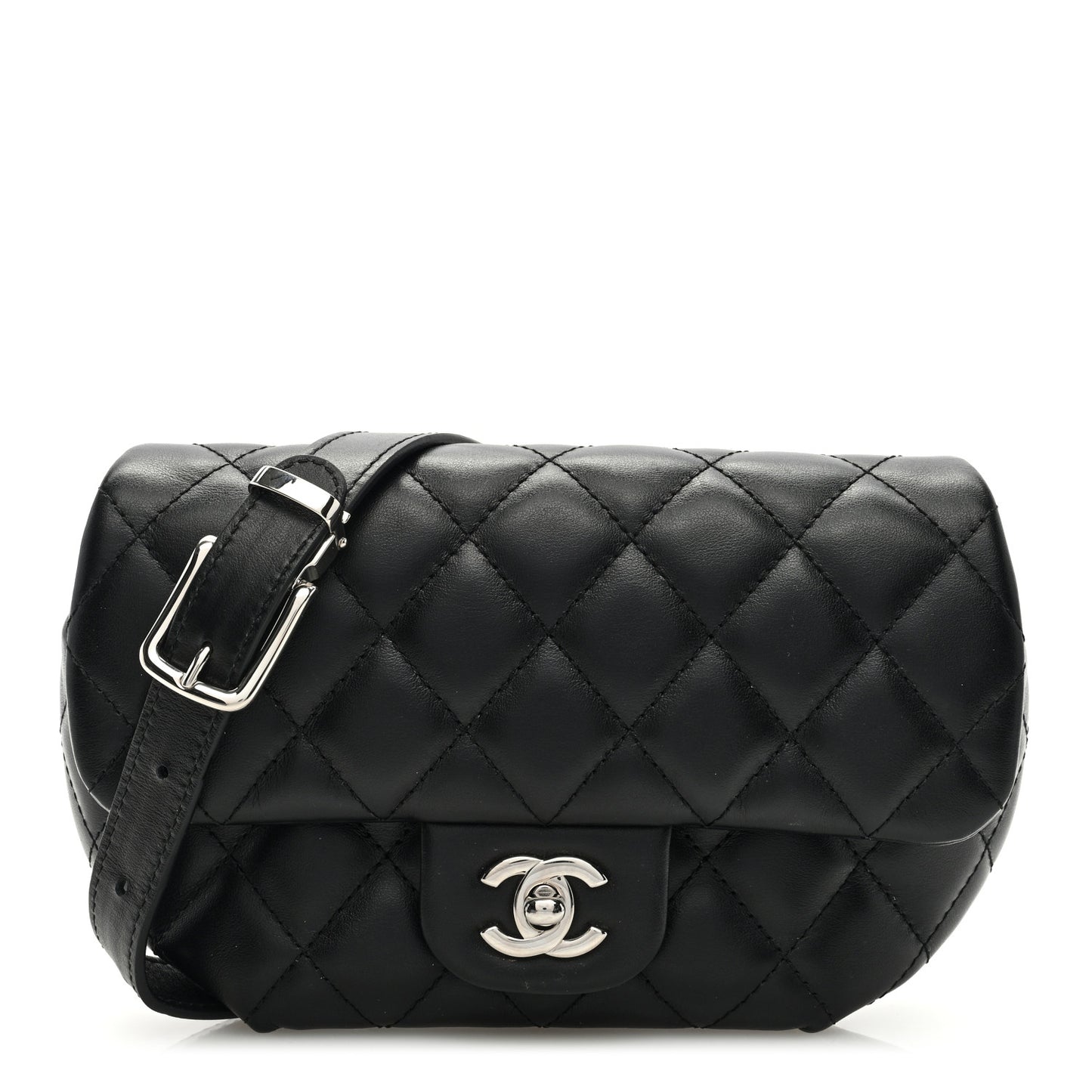 Calfskin Quilted CC Uniform Flap Belt Bag Black