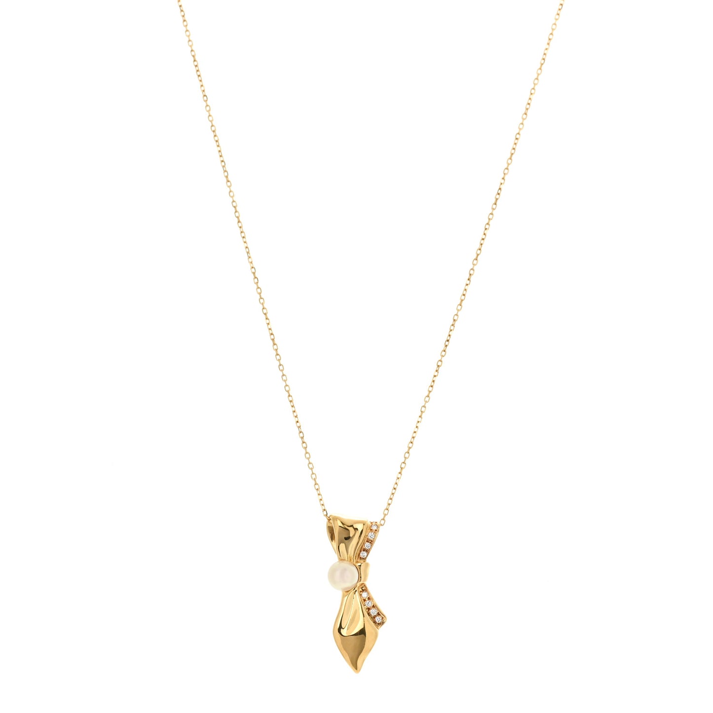 18K Yellow Gold Diamond Akoya Pearl 6mm Bow Drop Pendant Necklace
