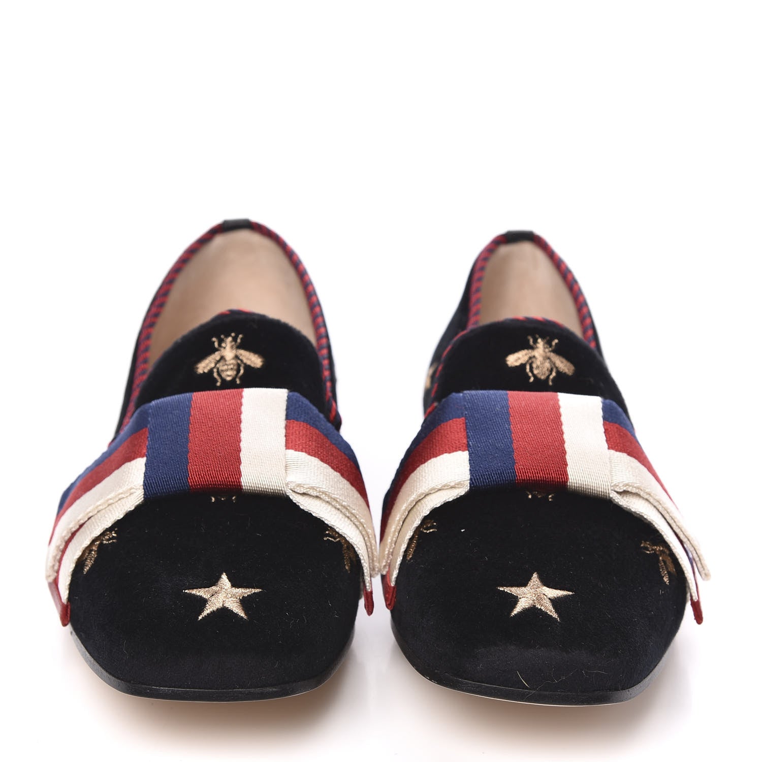 Gucci Velvet Bee Star Embroidered Sylvie Bow Loafers 37.5 Black 2 of 9