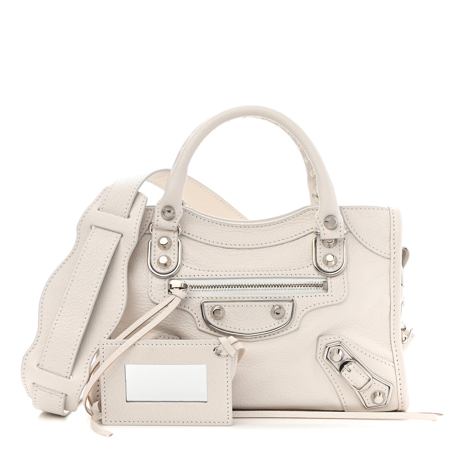 Shiny Goatskin Silver Metallic Edge Hardware Mini City Blanc Neige