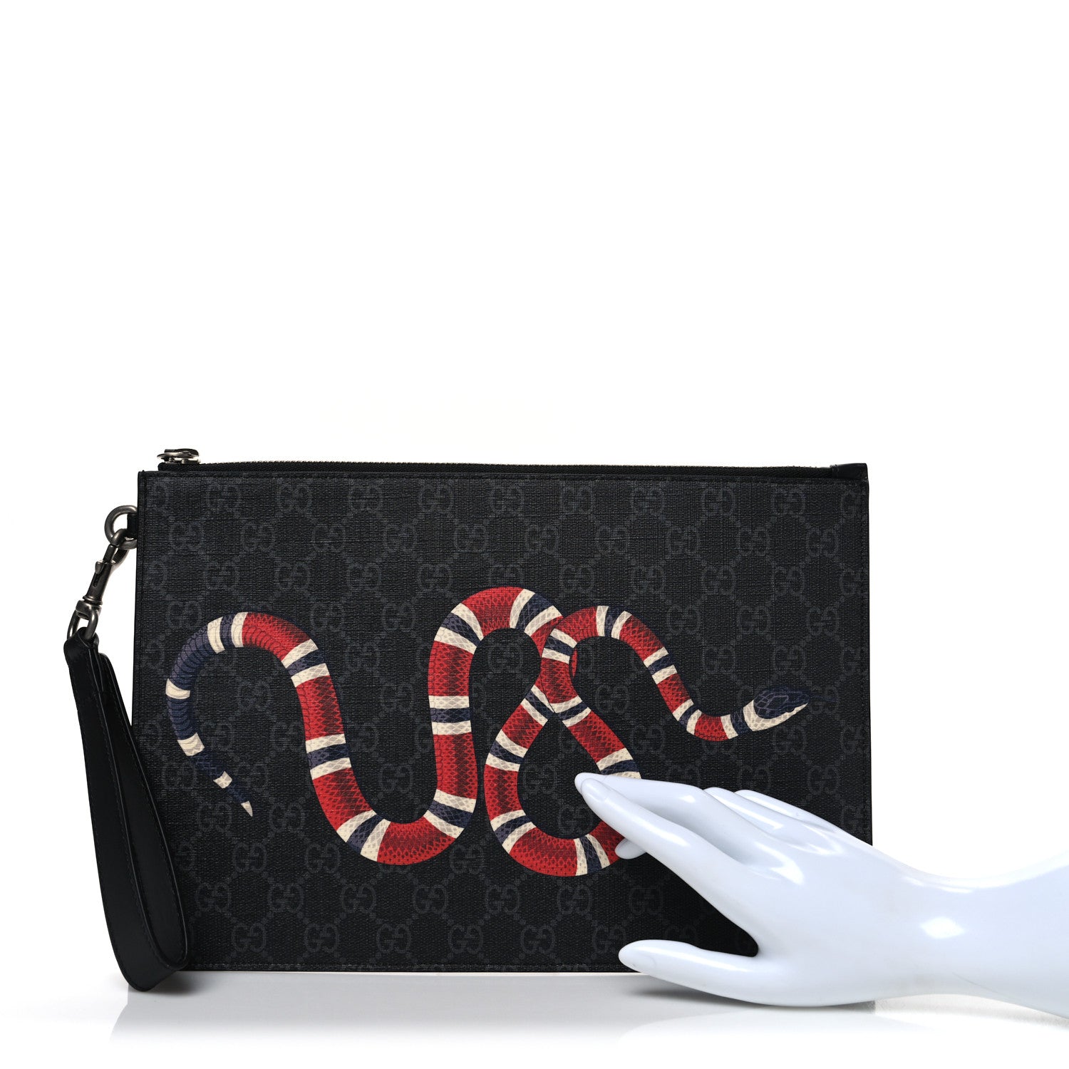 Gucci GG Supreme Monogram Kingsnake Zip Wristlet Pouch Black Grey 2 of 7