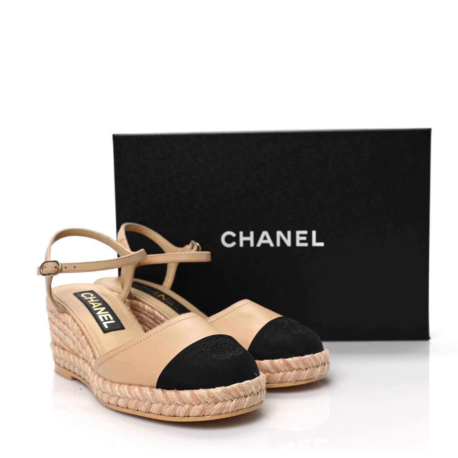Chanel Lambskin Grosgrain CC Espadrilles Wedges 37 Beige Black 8 of 9