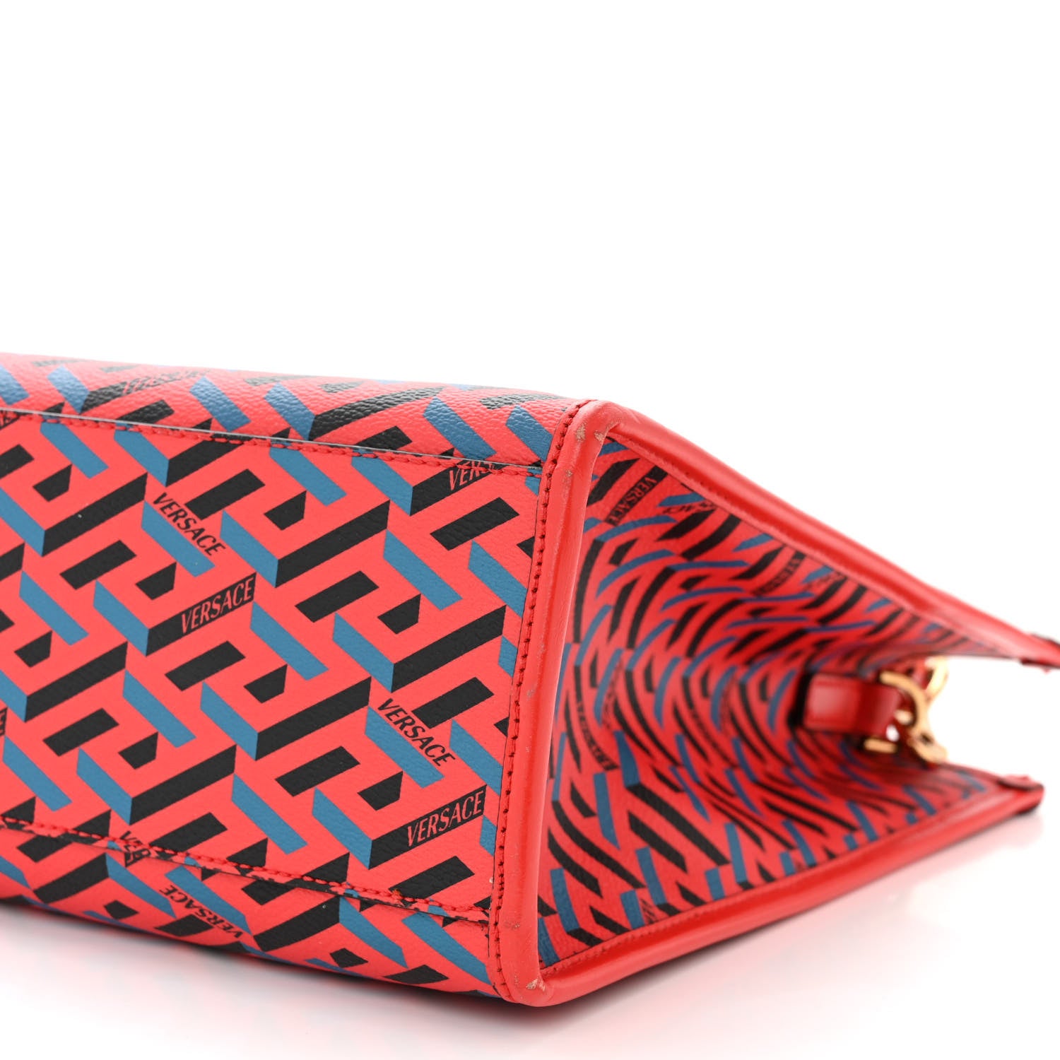 Versace Coated Canvas Calfskin La Greca Signature Tote Bag Blue Red 9 of 14