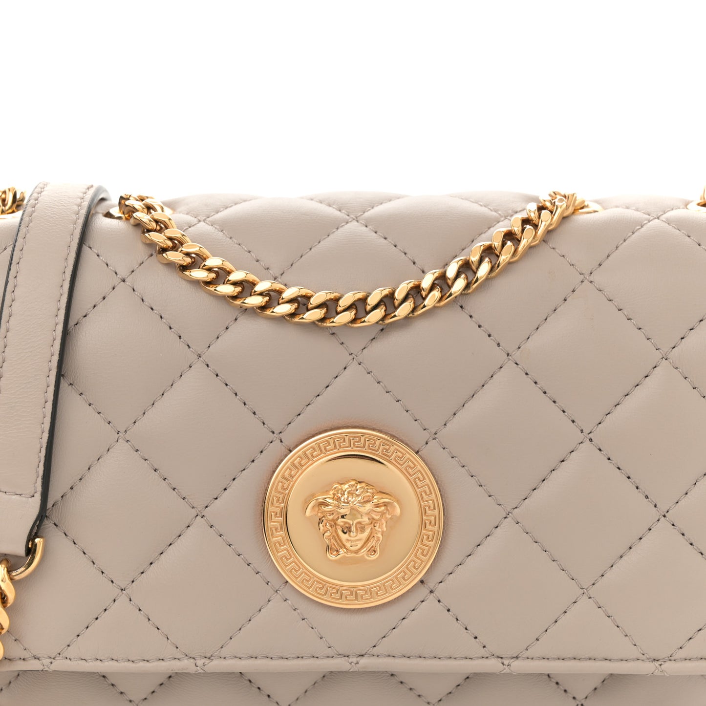 Nappa Quilted Medusa Medium Chain Crossbody Taupe