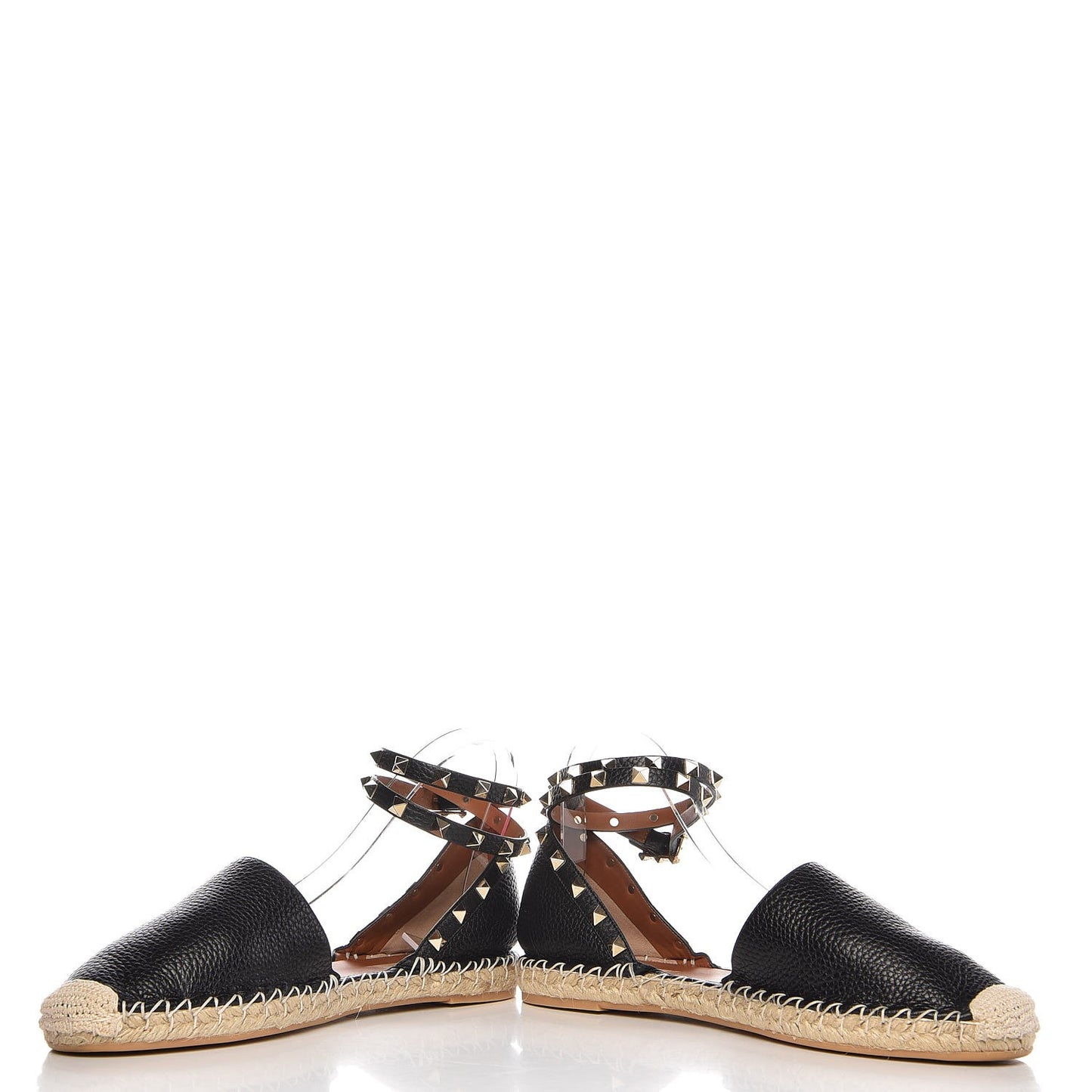 Grained Calfskin Rockstud Ankle Wrap Espadrille 20mm Flats 41 Black Light Cuir Natural