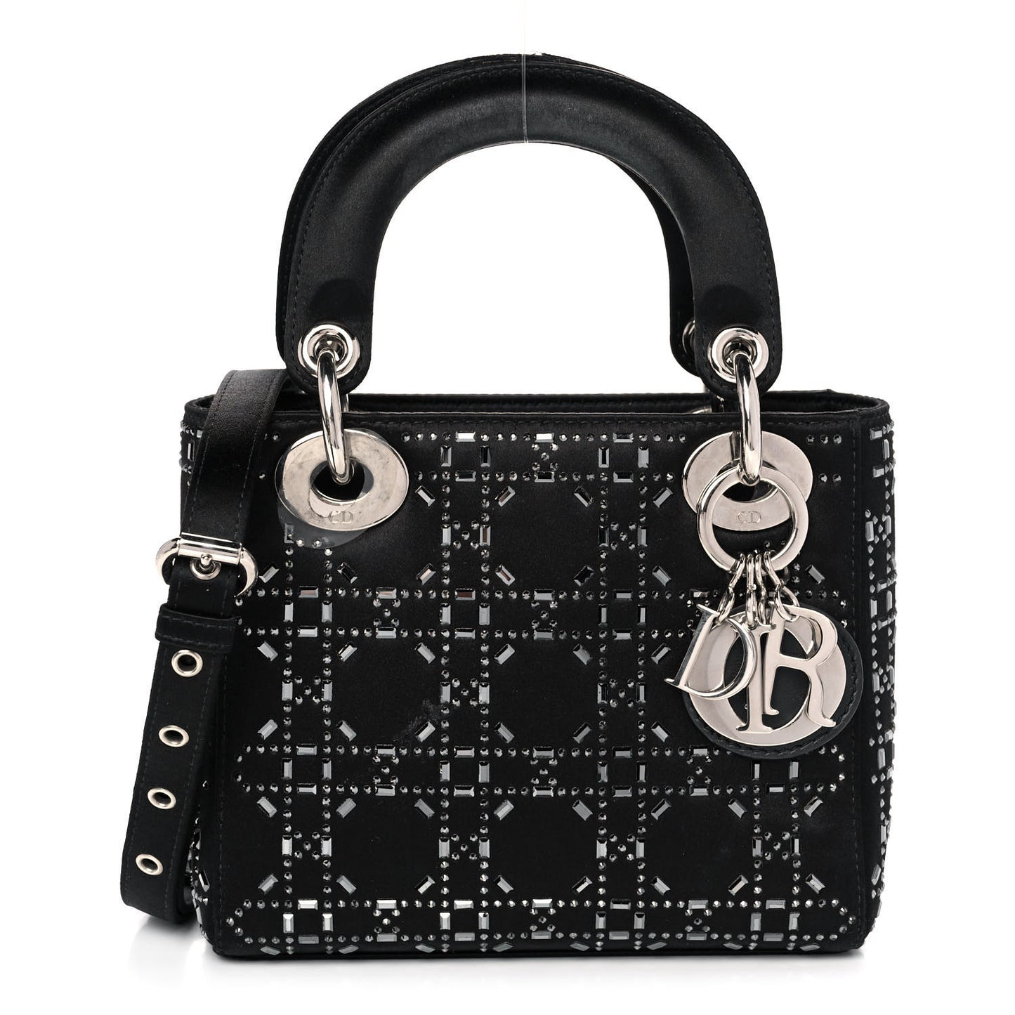 Satin Crystal Cannage Mini Lady Dior Black