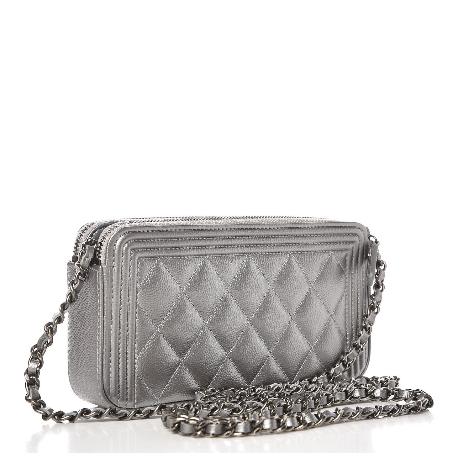 Metallic Caviar Quilted Small Boy Clutch With Chain Silver
