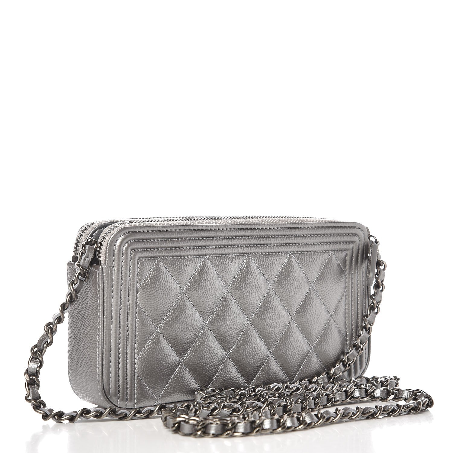 Chanel Metallic Caviar Quilted Small Boy Clutch With Chain Silver 3 of 9