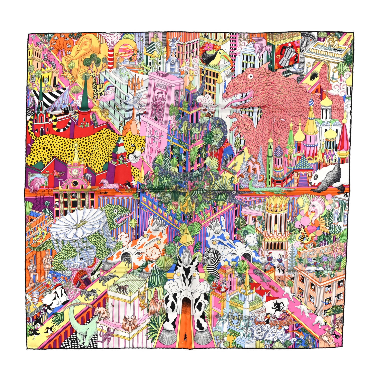 Hermes Silk Animapolis Scarf 90 Jaune Vif Vert Rose 1 of 3