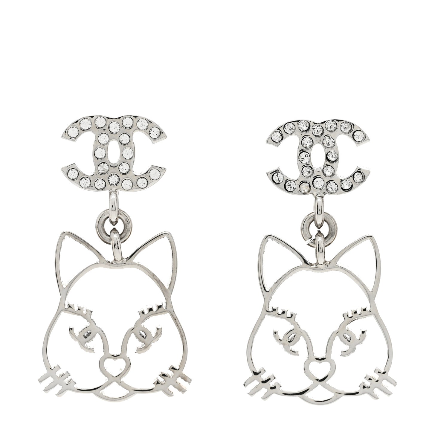 Crystal Emoji Choupette Cat CC Earrings Silver