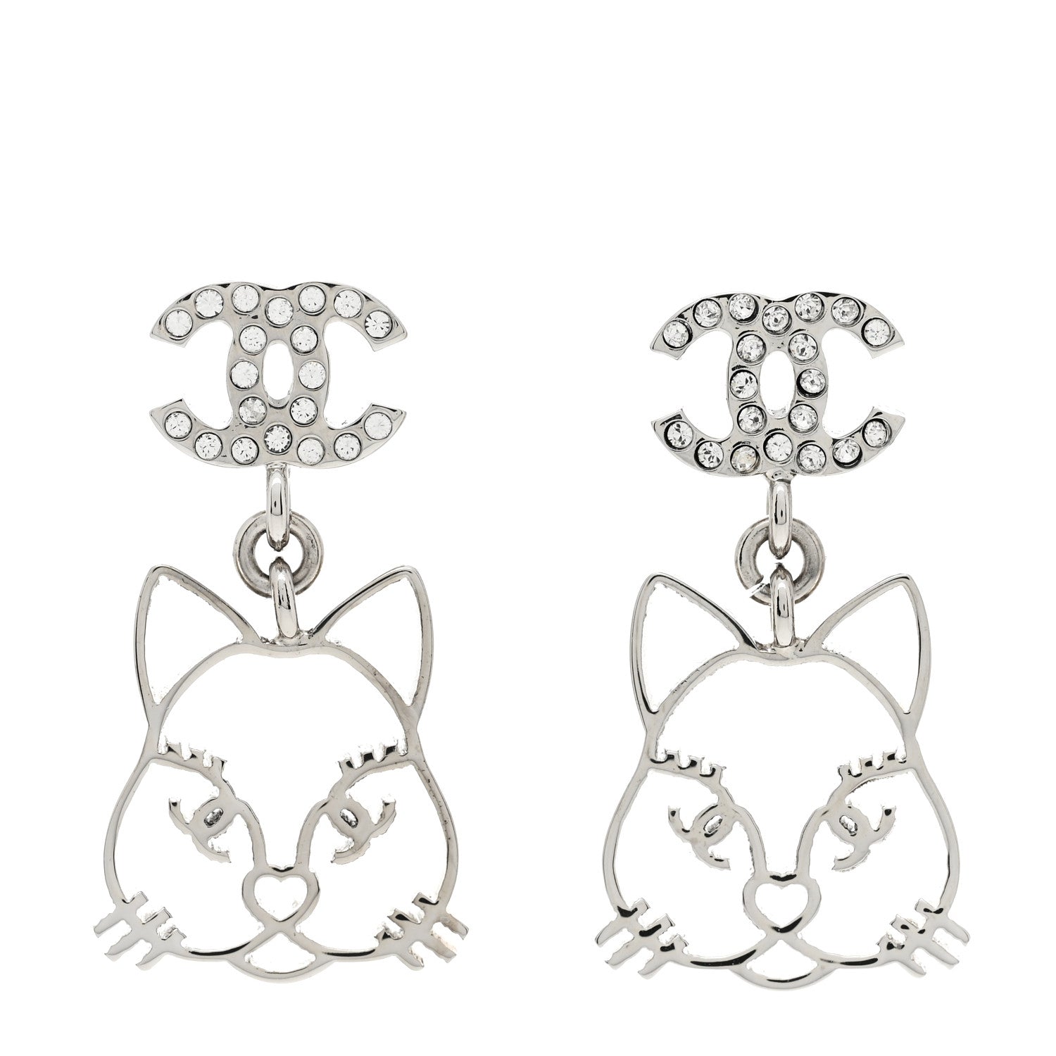 Chanel Crystal Emoji Choupette Cat CC Earrings Silver 1 of 5