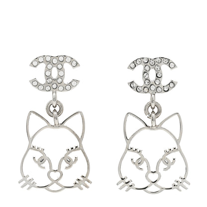 Chanel Crystal Emoji Choupette Cat CC Earrings Silver 1 of 5