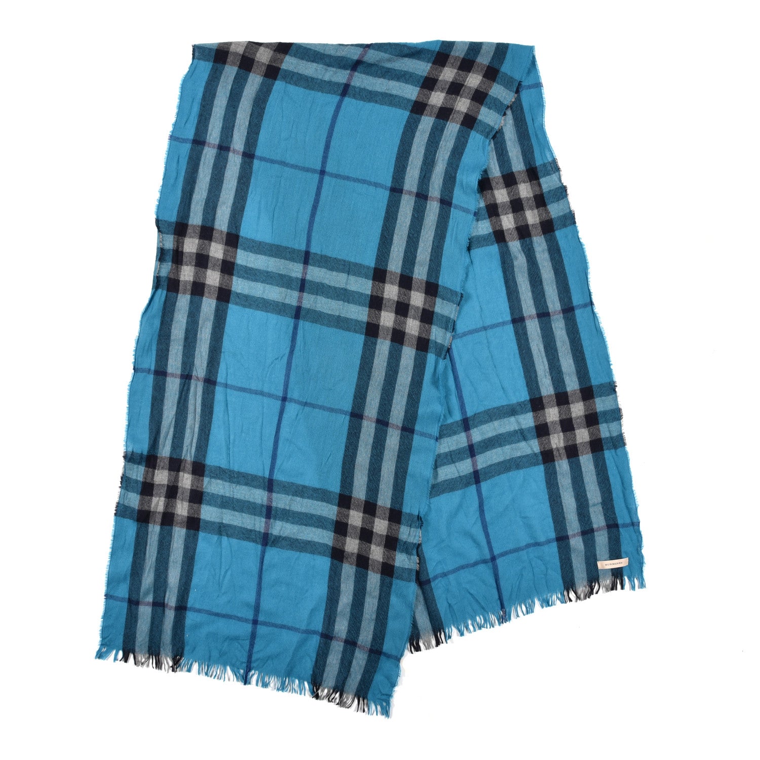 Burberry Wool Silk Check Fringe Scarf Blue 2 of 4