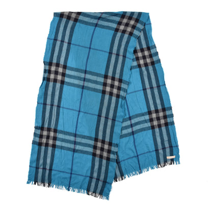 Burberry Wool Silk Check Fringe Scarf Blue 2 of 4