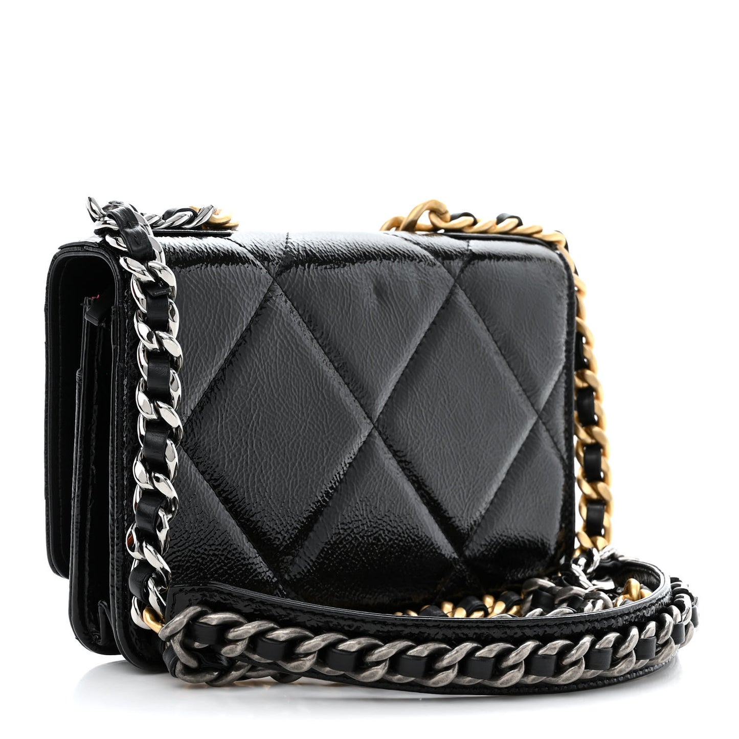 Shiny Crumpled Calfskin Quilted Chanel 19 Wallet On Chain WOC Black