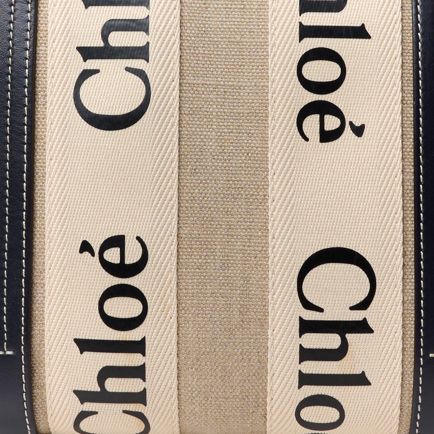 Chloe Linen Calfskin Small Woody Ribbon Tote With Strap White Navy 9 of 11