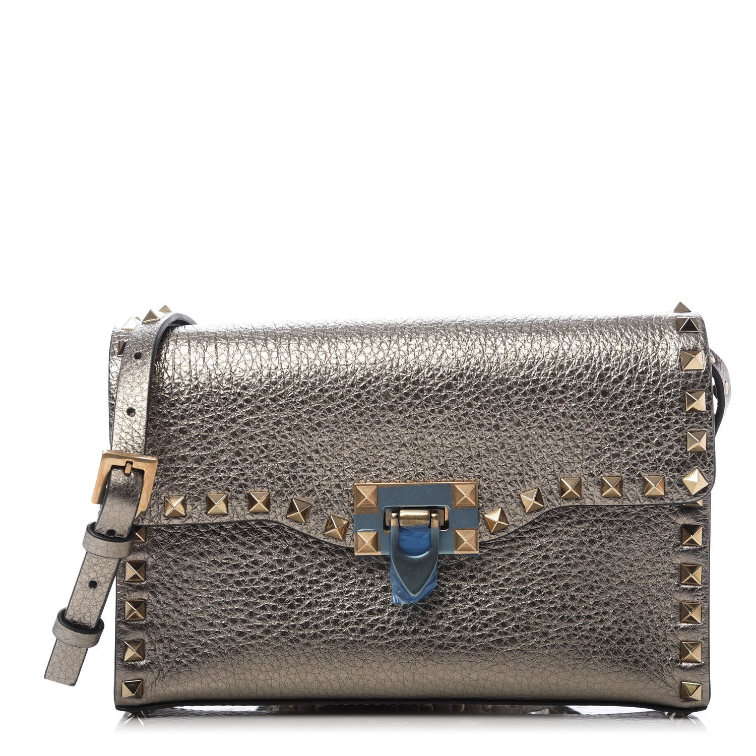 Valentino Garavani Metallic Pebbled Calfskin Medium Rockstud Flip Lock Crossbody Bag Sasso 1 of 8