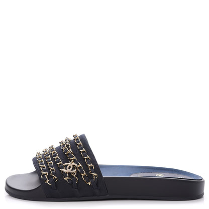 Chanel Lambskin Canvas Chain Flat Sandals 40 Marine 1 of 10
