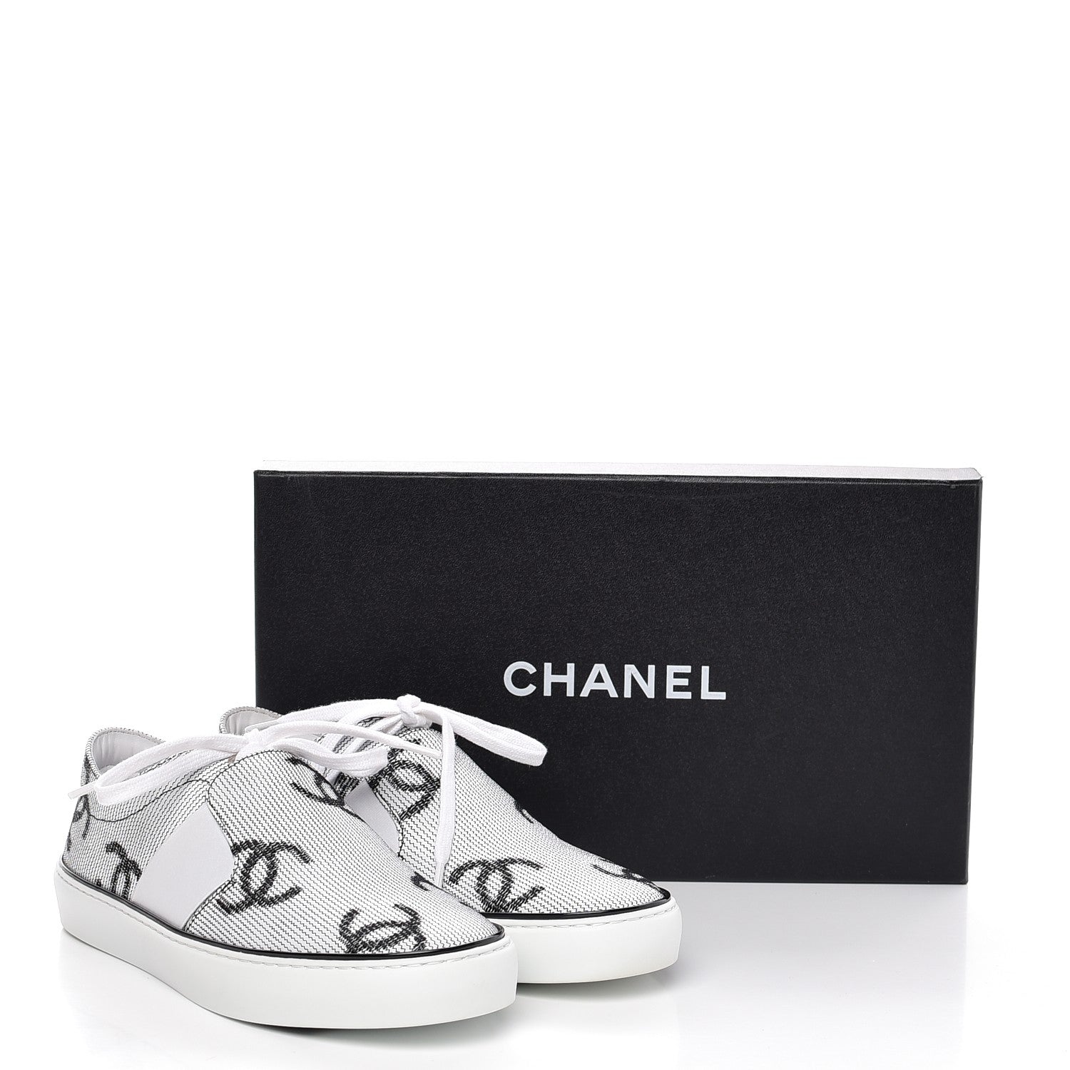 Chanel Embroidered Calfskin Womens CC Sneakers 38.5 Black White 11 of 11