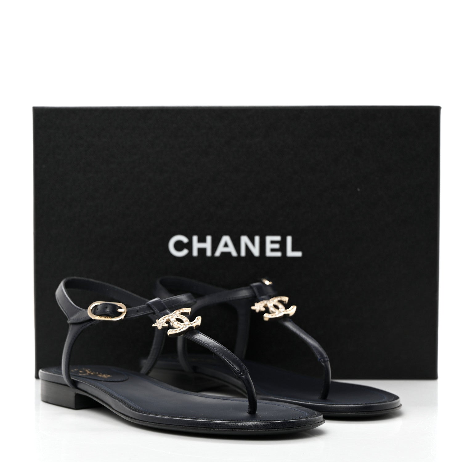 Chanel Lambskin Crystal CC Thong Sandals 37 Navy Blue 9 of 9