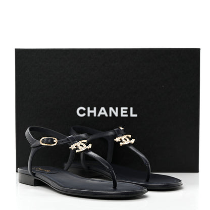 Chanel Lambskin Crystal CC Thong Sandals 37 Navy Blue 9 of 9