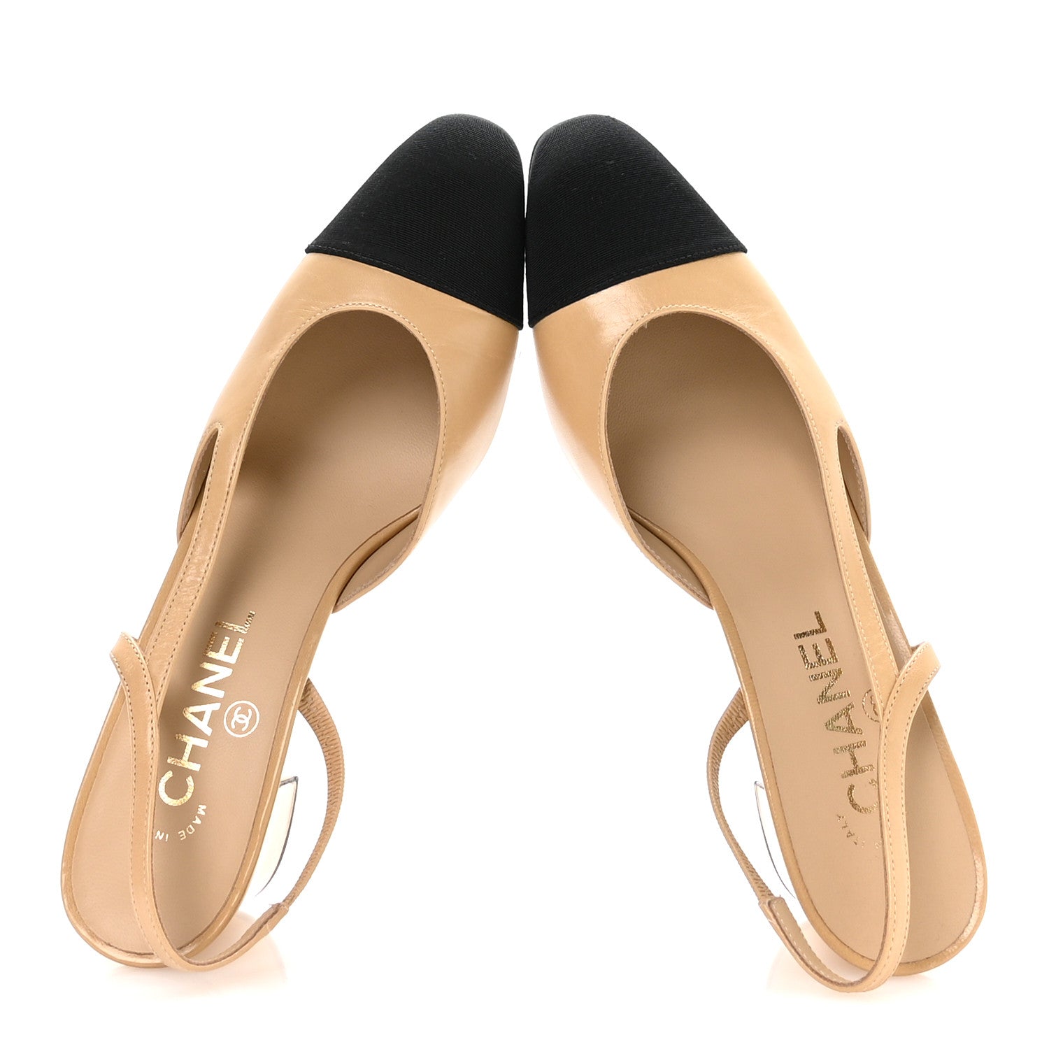 Chanel Goatskin Grosgrain Cap Toe CC Slingback Pumps 37.5 Beige Black 2 of 8