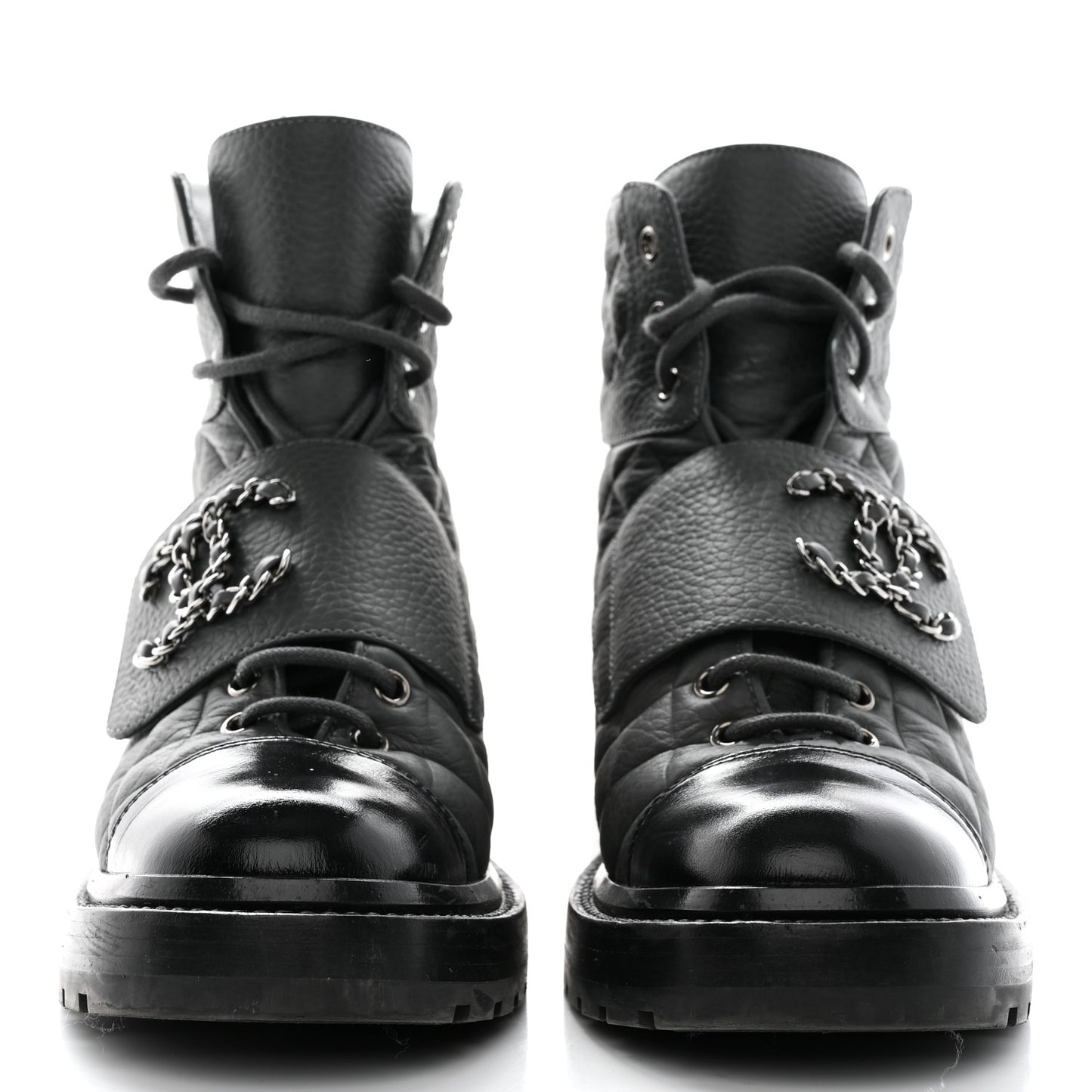 Calfskin Shiny Calfskin Quilted Lace Up Combat Boots 37.5 Dark Grey Black