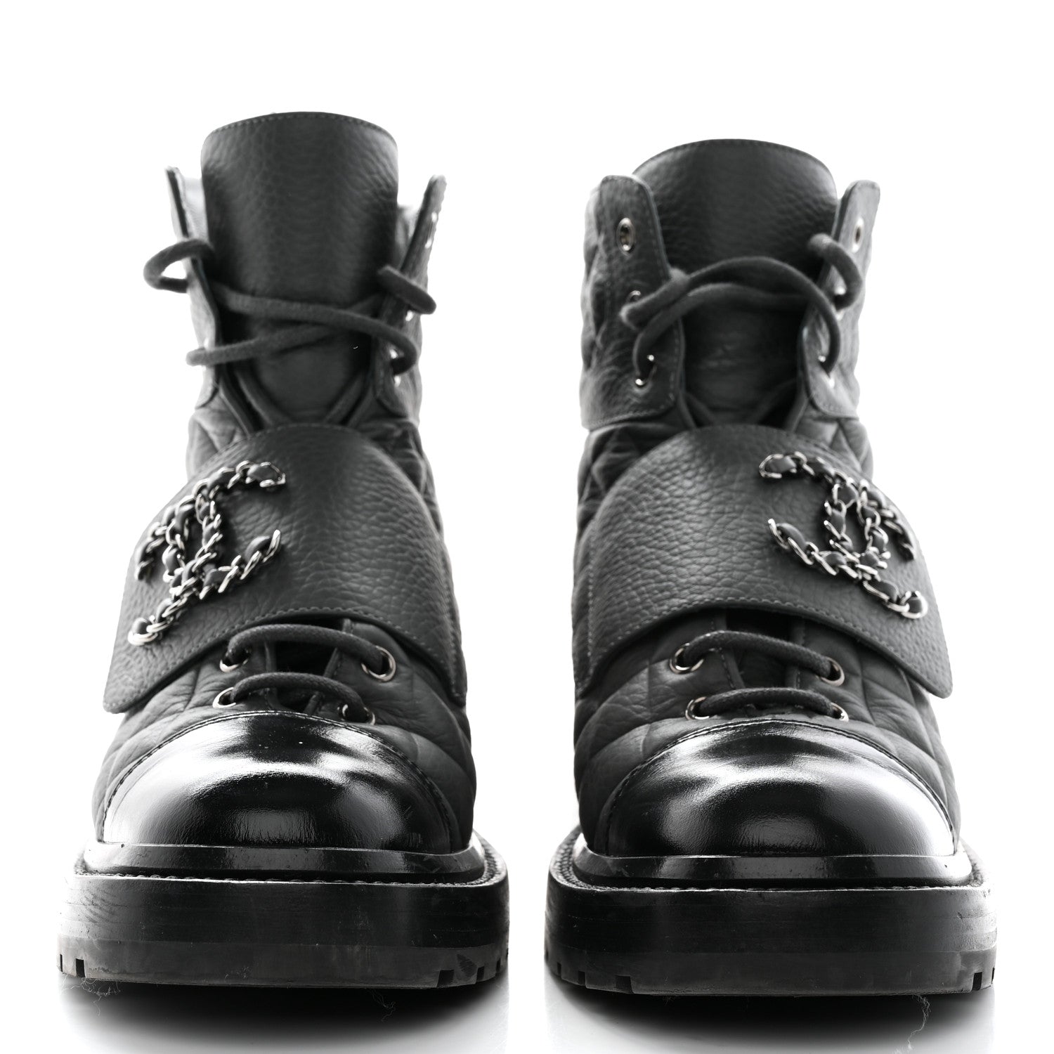 Chanel Calfskin Shiny Calfskin Quilted Lace Up Combat Boots 37.5 Dark Grey Black 2 of 10