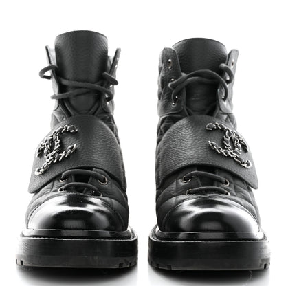 Chanel Calfskin Shiny Calfskin Quilted Lace Up Combat Boots 37.5 Dark Grey Black 2 of 10